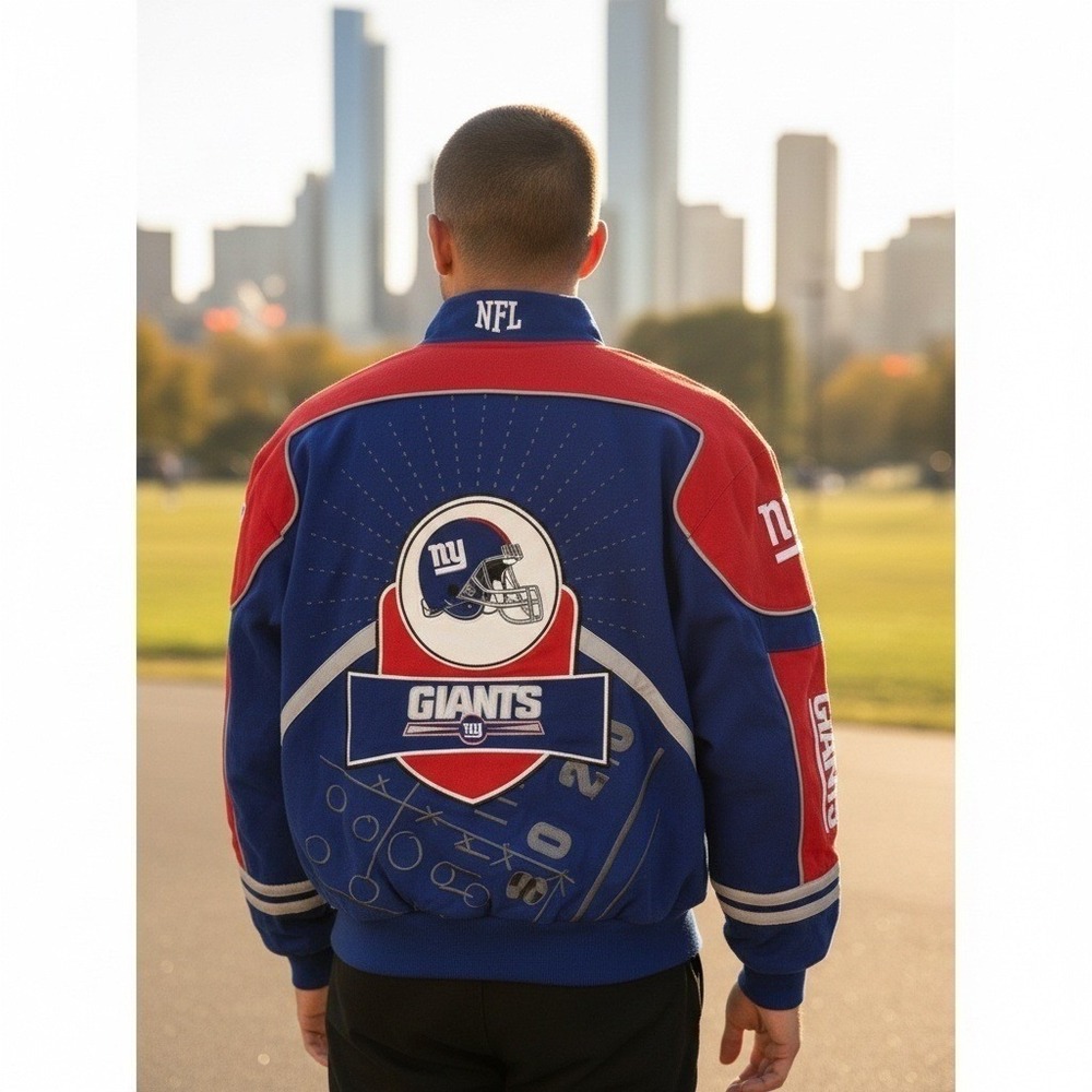 VTG Reebok NFL New York Giants Blue Red Embroidered Bomber Jacket‎ Mens XL NWOT - Picture 2 of 16